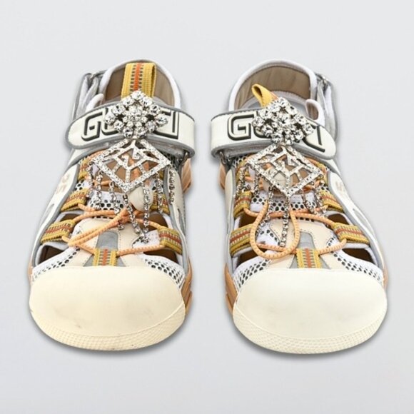 Gucci Tinsel Sport Sandals Mesh Fabric GG Crystal Chain White/Silver W 35.5 NIB - Picture 2 of 10